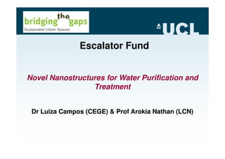 Escalator Fund


Novel Nanostructures for Water Purification and
                 Treatment


 Dr Luiza Campos (CEGE) & Prof Arokia Nathan (LCN)
 