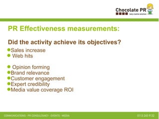 Sales increase Web hits Opinion forming Brand relevance Customer engagement Expert credibility Media value coverage ROI PR Effectiveness measurements: Did the activity achieve its objectives? 