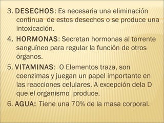 3.  DESECHOS : Es necesaria una eliminación continua  de estos desechos o se produce una intoxicación. 4 . HORMONAS : Secretan hormonas al torrente sanguíneo para regular la función de otros órganos. 5.  VITAMINAS :  O Elementos traza, son coenzimas y juegan un papel importante en las reacciones celulares. A excepción dela D que el organismo  produce. 6.  AGUA:  Tiene una 70% de la masa corporal. 