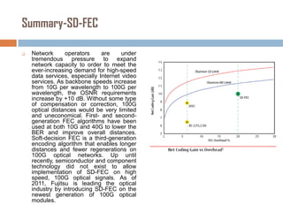 Summary-SD-FEC


Network
operators
are
under
tremendous pressure to expand
network capacity to order to meet the
ever-increasing demand for high-speed
data services, especially Internet video
services. As backbone speeds increase
from 10G per wavelength to 100G per
wavelength, the OSNR requirements
increase by +10 dB. Without some type
of compensation or correction, 100G
optical distances would be very limited
and uneconomical. First- and secondgeneration FEC algorithms have been
used at both 10G and 40G to lower the
BER and improve overall distances.
Soft-decision FEC is a third-generation
encoding algorithm that enables longer
distances and fewer regenerations on
100G optical networks. Up until
recently, semiconductor and component
technology did not exist to allow
implementation of SD-FEC on high
speed, 100G optical signals. As of
2011, Fujitsu is leading the optical
industry by introducing SD-FEC on the
newest generation of 100G optical
modules.

 