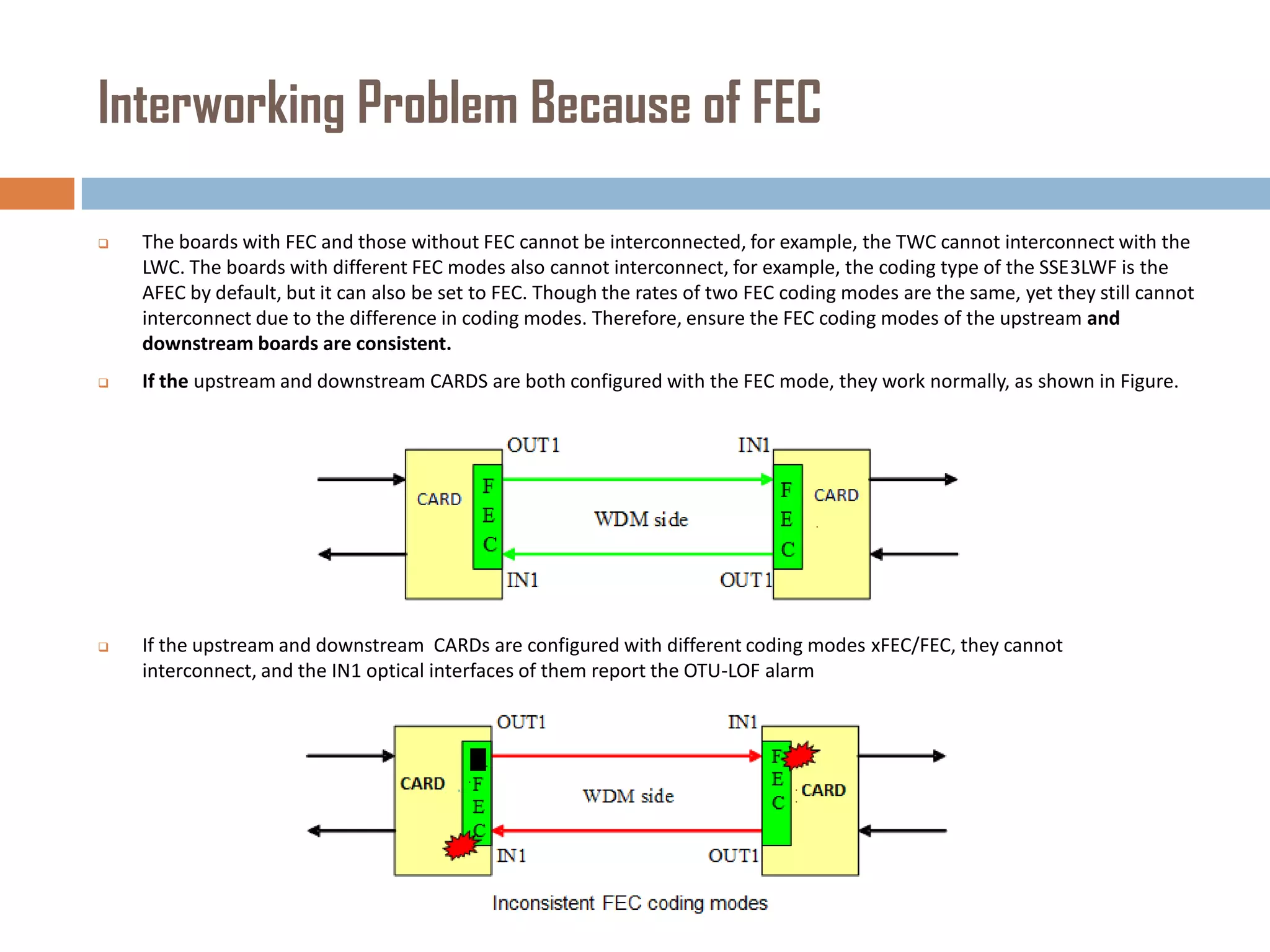 Interworking Problem Because of FEC


The boards with FEC and those without FEC cannot be interconnected, for example, the TWC cannot interconnect with the
LWC. The boards with different FEC modes also cannot interconnect, for example, the coding type of the SSE3LWF is the
AFEC by default, but it can also be set to FEC. Though the rates of two FEC coding modes are the same, yet they still cannot
interconnect due to the difference in coding modes. Therefore, ensure the FEC coding modes of the upstream and
downstream boards are consistent.



If the upstream and downstream CARDS are both configured with the FEC mode, they work normally, as shown in Figure.



If the upstream and downstream CARDs are configured with different coding modes xFEC/FEC, they cannot
interconnect, and the IN1 optical interfaces of them report the OTU-LOF alarm

 