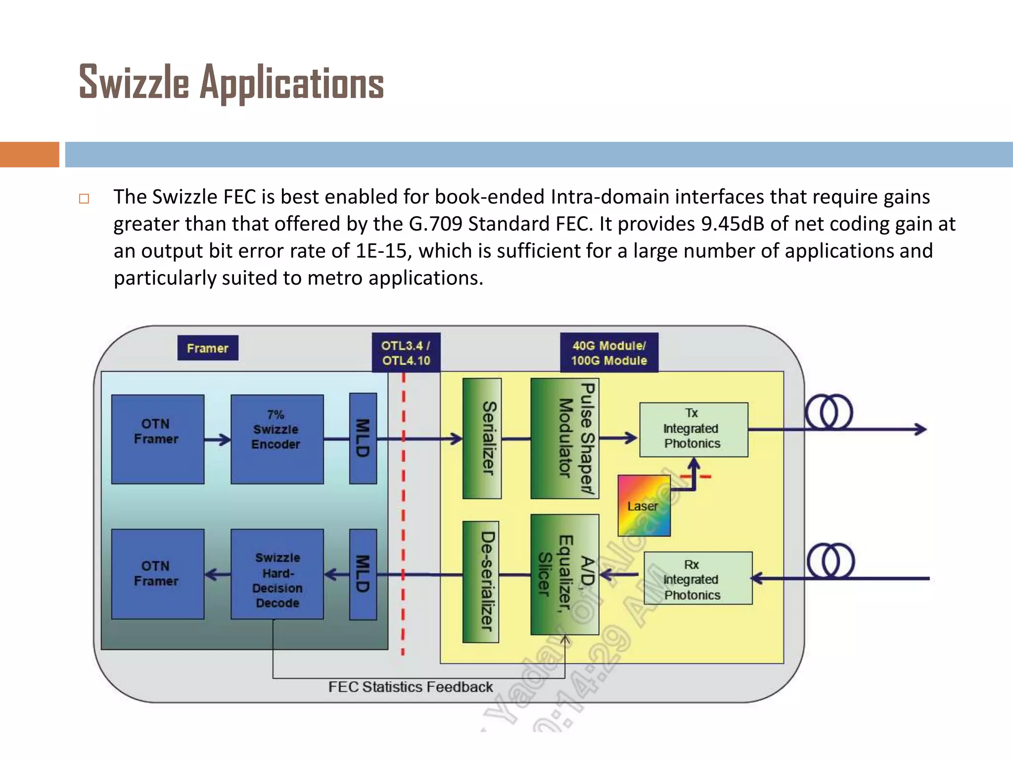 Swizzle Applications


The Swizzle FEC is best enabled for book-ended Intra-domain interfaces that require gains
greater than that offered by the G.709 Standard FEC. It provides 9.45dB of net coding gain at
an output bit error rate of 1E-15, which is sufficient for a large number of applications and
particularly suited to metro applications.

 