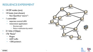 RESILIENCE EXPERIMENT
• 14 OF nodes (ovs)
• 14 hosts (not shown)
• Not Openflow“aware”!
• 1 controller
• separate control LAN
• restoration application
• Shortest path
• Failure notification by switch
• 21 links (1Gbps)
• 176 “flows”
• Pktgen
• UDP traffic
• ~300 packets/s
8
 