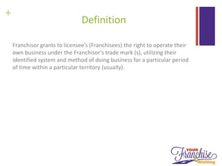 +
Definition
Franchisor grants to licensee’s (Franchisees) the right to operate their
own business under the Franchisor’s trade mark (s), utilizing their
identified system and method of doing business for a particular period
of time within a particular territory (usually).
 