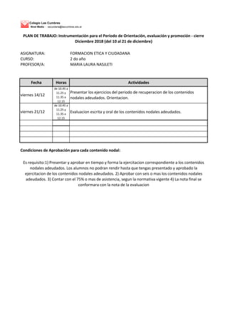 Colegio Las Cumbres
Nivel Medio - secundaria@lascumbres.edu.ar
ASIGNATURA: FORMACION ETICA Y CIUDADANA
CURSO: 2 do año
PROFESOR/A: MARIA LAURA NASJLETI
Fecha Horas Actividades
viernes 14/12
de 10.45 a
11.25 y
11.35 a
12.15
Presentar los ejercicios del periodo de recuperacion de los contenidos
nodales adeudados. Orientacion.
viernes 21/12
de 10.45 a
11.25 y
11.35 a
12.15
Evaluacion escrita y oral de los contenidos nodales adeudados.
Condiciones de Aprobación para cada contenido nodal:
Es requisito:1) Presentar y aprobar en tiempo y forma la ejercitacion correspondiente a los contenidos
nodales adeudados. Los alumnos no podran rendir hasta que tengas presentado y aprobado la
ejercitacion de los contenidos nodales adeudados. 2) Aprobar con seis o mas los contenidos nodales
adeudados. 3) Contar con el 75% o mas de asistencia, segun la normativa vigente 4) La nota final se
conformara con la nota de la evaluacion
PLAN DE TRABAJO: Instrumentación para el Período de Orientación, evaluación y promoción - cierre
Diciembre 2018 (del 10 al 21 de diciembre)
 