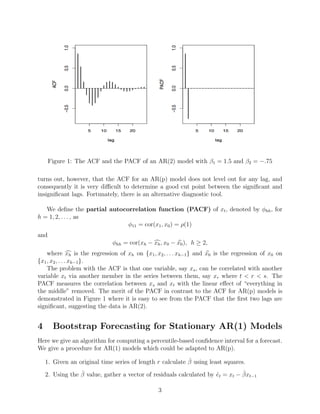 Figure 1: The ACF and the PACF of an AR(2) model with β1 = 1.5 and β2 = −.75
turns out, however, that the ACF for an AR(p) model does not level out for any lag, and
consequently it is very diﬃcult to determine a good cut point between the signiﬁcant and
insigniﬁcant lags. Fortunately, there is an alternative diagnostic tool.
We deﬁne the partial autocorrelation function (PACF) of xt, denoted by φhh, for
h = 1, 2, . . . , as
φ11 = cor(x1, x0) = ρ(1)
and
φhh = cor(xh − xh, x0 − x0), h ≥ 2,
where xh is the regression of xh on {x1, x2, . . . xh−1} and x0 is the regression of x0 on
{x1, x2, . . . xh−1}.
The problem with the ACF is that one variable, say xs, can be correlated with another
variable xt via another member in the series between them, say xr where t < r < s. The
PACF measures the correlation between xs and xt with the linear eﬀect of “everything in
the middle” removed. The merit of the PACF in contrast to the ACF for AR(p) models is
demonstrated in Figure 1 where it is easy to see from the PACF that the ﬁrst two lags are
signiﬁcant, suggesting the data is AR(2).
4 Bootstrap Forecasting for Stationary AR(1) Models
Here we give an algorithm for computing a percentile-based conﬁdence interval for a forecast.
We give a procedure for AR(1) models which could be adapted to AR(p).
1. Given an original time series of length r calculate ˆβ using least squares.
2. Using the ˆβ value, gather a vector of residuals calculated by ˆet = xt − ˆβxt−1
3
 