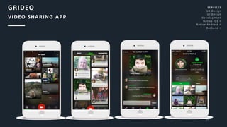 33
GRIDEO
VIDEO SHARING APP
SERVICES
UX Design
UI Design
Development
Native iOS <
Native Android <
Backend <
 