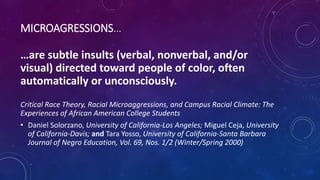MICROAGRESSIONS…
…are subtle insults (verbal, nonverbal, and/or
visual) directed toward people of color, often
automatically or unconsciously.
Critical Race Theory, Racial Microaggressions, and Campus Racial Climate: The
Experiences of African American College Students
• Daniel Solorzano, University of California-Los Angeles; Miguel Ceja, University
of California-Davis; and Tara Yosso, University of California-Santa Barbara
Journal of Negro Education, Vol. 69, Nos. 1/2 (Winter/Spring 2000)
 