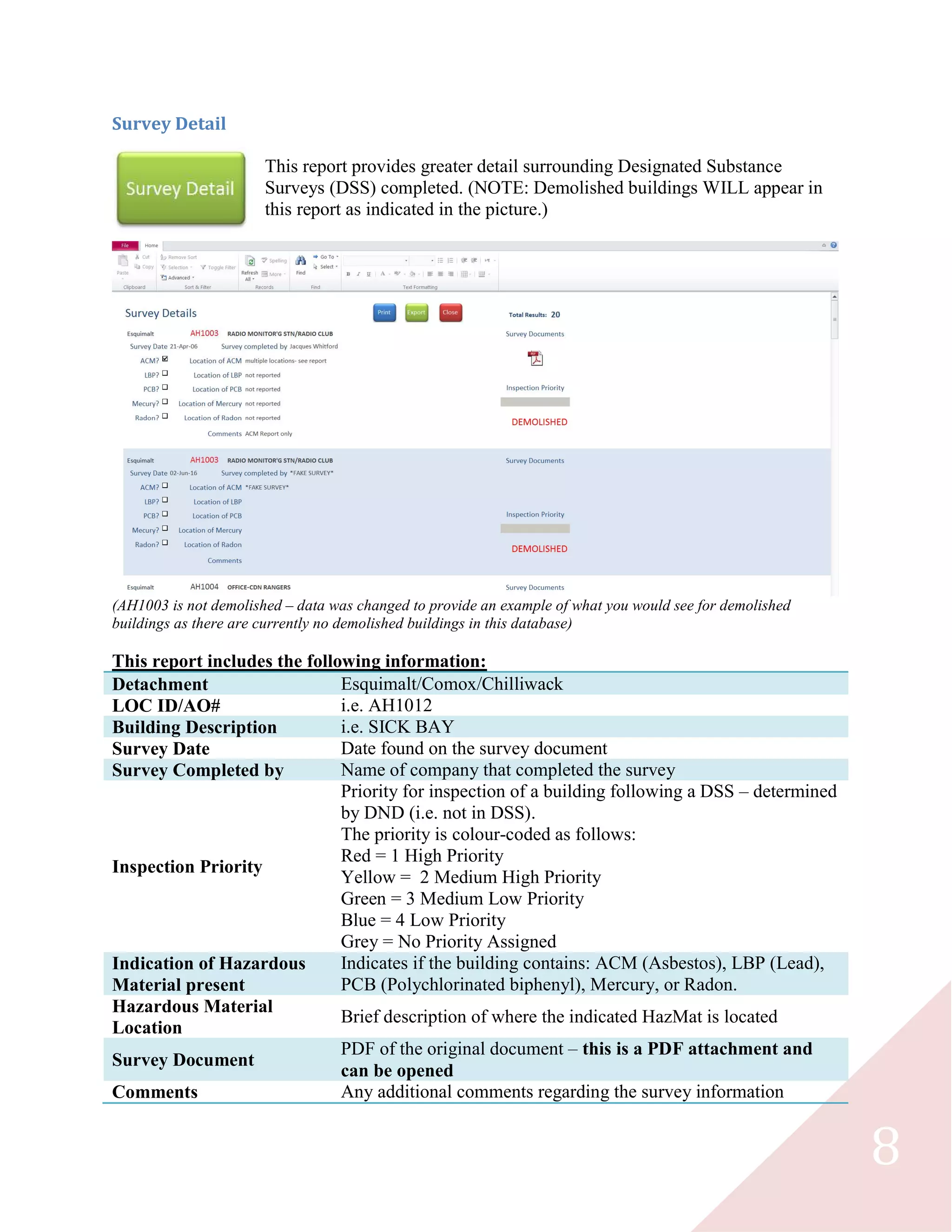 8
Survey Detail
This report provides greater detail surrounding Designated Substance
Surveys (DSS) completed. (NOTE: Demolished buildings WILL appear in
this report as indicated in the picture.)
(AH1003 is not demolished – data was changed to provide an example of what you would see for demolished
buildings as there are currently no demolished buildings in this database)
This report includes the following information:
Detachment Esquimalt/Comox/Chilliwack
LOC ID/AO# i.e. AH1012
Building Description i.e. SICK BAY
Survey Date Date found on the survey document
Survey Completed by Name of company that completed the survey
Inspection Priority
Priority for inspection of a building following a DSS – determined
by DND (i.e. not in DSS).
The priority is colour-coded as follows:
Red = 1 High Priority
Yellow = 2 Medium High Priority
Green = 3 Medium Low Priority
Blue = 4 Low Priority
Grey = No Priority Assigned
Indication of Hazardous
Material present
Indicates if the building contains: ACM (Asbestos), LBP (Lead),
PCB (Polychlorinated biphenyl), Mercury, or Radon.
Hazardous Material
Location
Brief description of where the indicated HazMat is located
Survey Document
PDF of the original document – this is a PDF attachment and
can be opened
Comments Any additional comments regarding the survey information
 