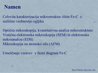 Klementina Zupan, Zgorevalna sinteza Špela Smrkolj, diplomsko delo
Namen
Celovita karakterizacija mikrostruktur zlitin Fe-C z
različno vsebnostjo ogljika
Optična mikroskopija, kvantitativna analiza mikrostrukture
Vrstična elektronska mikroskopija (SEM) in elektronska
mikroanaliza (EDS)
Mikroskopija na atomsko silo (AFM)
Umeščanje vzorcev v fazni diagram Fe-C
 