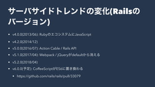 (Rails
)
• v4.0.0(2013/06): Ruby JavaScript
• v4.2.0(2014/12)
• v5.0.0(2016/07): Action Cable / Rails API
• v5.1.0(2017/04): Webpack / jQuery default
• v5.2.0(2018/04)
• v6.0.0( ): CoffeeScript ES6
• https://github.com/rails/rails/pull/33079
 