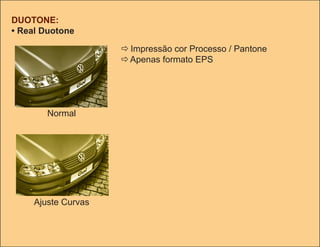DUOTONE:
• Real Duotone

                      Impressão cor Processo / Pantone
                      Apenas formato EPS




        Normal




     Ajuste Curvas
 