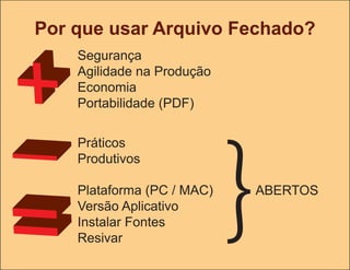 Por que usar Arquivo Fechado?
    Segurança
    Agilidade na Produção
    Economia
    Portabilidade (PDF)




                            }
    Práticos
    Produtivos

    Plataforma (PC / MAC)   AbERtoS
    Versão Aplicativo
    Instalar Fontes
    Resivar
 