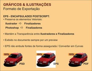 GRÁFICOS & ILUSTRAÇÕES
Formato de Exportação

EPS - ENCAPSULADED POSTSCRIPT:
• Preserva os elementos Vetoriais:
           Finalizadores
 Ilustrador
 Photoshop  Finalizadores

• Mantém a transparência entre Ilustradores e Finalizadores

• Exibido no documento sempre por um preview

• EPS não embute fontes de forma assegurada / Converter em Curvas


                                                      GOL


              PSD                        EPS                        PDF
 
