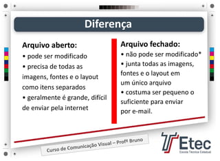 Diferença
Arquivo aberto:
• pode ser modificado
• precisa de todas as
imagens, fontes e o layout
como itens separados
• geralmente é grande, difícil
de enviar pela internet
Arquivo fechado:
• não pode ser modificado*
• junta todas as imagens,
fontes e o layout em
um único arquivo
• costuma ser pequeno o
suficiente para enviar
por e‐mail.
 