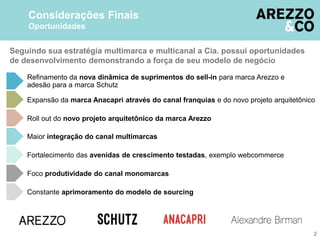 Considerações Finais
Oportunidades
Seguindo sua estratégia multimarca e multicanal a Cia. possui oportunidades
de desenvolvimento demonstrando a força de seu modelo de negócio
2
Roll out do novo projeto arquitetônico da marca Arezzo
Refinamento da nova dinâmica de suprimentos do sell-in para marca Arezzo e
adesão para a marca Schutz
Maior integração do canal multimarcas
Foco produtividade do canal monomarcas
Expansão da marca Anacapri através do canal franquias e do novo projeto arquitetônico
Fortalecimento das avenidas de crescimento testadas, exemplo webcommerce
Constante aprimoramento do modelo de sourcing
 
