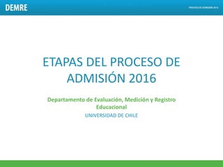ETAPAS DEL PROCESO DE
ADMISIÓN 2016
Departamento de Evaluación, Medición y Registro
Educacional
UNIVERSIDAD DE CHILE
 