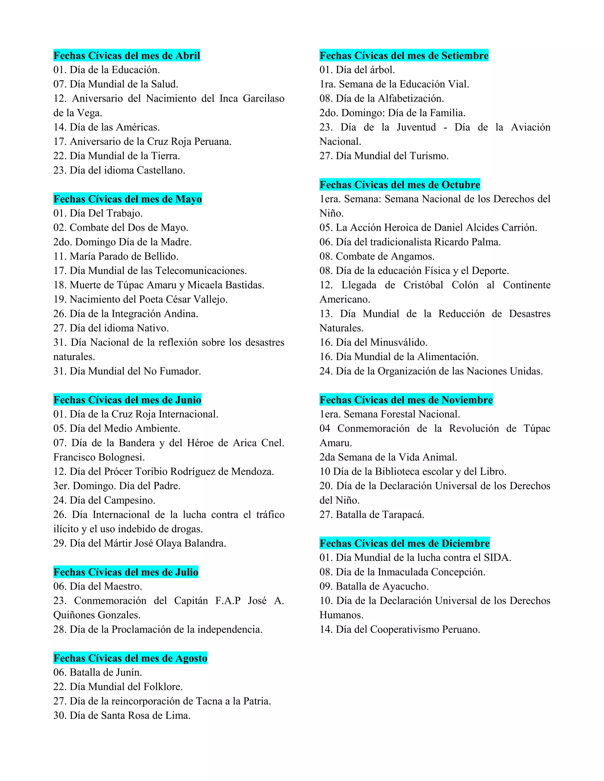 Fechas Cívicas del mes de Abril
01. Día de la Educación.
07. Día Mundial de la Salud.
12. Aniversario del Nacimiento del Inca Garcilaso
de la Vega.
14. Día de las Américas.
17. Aniversario de la Cruz Roja Peruana.
22. Día Mundial de la Tierra.
23. Día del idioma Castellano.
Fechas Cívicas del mes de Mayo
01. Día Del Trabajo.
02. Combate del Dos de Mayo.
2do. Domingo Día de la Madre.
11. María Parado de Bellido.
17. Día Mundial de las Telecomunicaciones.
18. Muerte de Túpac Amaru y Micaela Bastidas.
19. Nacimiento del Poeta César Vallejo.
26. Día de la Integración Andina.
27. Día del idioma Nativo.
31. Día Nacional de la reflexión sobre los desastres
naturales.
31. Día Mundial del No Fumador.
Fechas Cívicas del mes de Junio
01. Día de la Cruz Roja Internacional.
05. Día del Medio Ambiente.
07. Día de la Bandera y del Héroe de Arica Cnel.
Francisco Bolognesi.
12. Día del Prócer Toribio Rodríguez de Mendoza.
3er. Domingo. Día del Padre.
24. Día del Campesino.
26. Día Internacional de la lucha contra el tráfico
ilícito y el uso indebido de drogas.
29. Día del Mártir José Olaya Balandra.
Fechas Cívicas del mes de Julio
06. Día del Maestro.
23. Conmemoración del Capitán F.A.P José A.
Quiñones Gonzales.
28. Día de la Proclamación de la independencia.
Fechas Cívicas del mes de Agosto
06. Batalla de Junín.
22. Día Mundial del Folklore.
27. Día de la reincorporación de Tacna a la Patria.
30. Día de Santa Rosa de Lima.
Fechas Cívicas del mes de Setiembre
01. Día del árbol.
1ra. Semana de la Educación Vial.
08. Día de la Alfabetización.
2do. Domingo: Día de la Familia.
23. Día de la Juventud - Día de la Aviación
Nacional.
27. Día Mundial del Turismo.
Fechas Cívicas del mes de Octubre
1era. Semana: Semana Nacional de los Derechos del
Niño.
05. La Acción Heroica de Daniel Alcides Carrión.
06. Día del tradicionalista Ricardo Palma.
08. Combate de Angamos.
08. Día de la educación Física y el Deporte.
12. Llegada de Cristóbal Colón al Continente
Americano.
13. Día Mundial de la Reducción de Desastres
Naturales.
16. Día del Minusválido.
16. Día Mundial de la Alimentación.
24. Día de la Organización de las Naciones Unidas.
Fechas Cívicas del mes de Noviembre
1era. Semana Forestal Nacional.
04 Conmemoración de la Revolución de Túpac
Amaru.
2da Semana de la Vida Animal.
10 Día de la Biblioteca escolar y del Libro.
20. Día de la Declaración Universal de los Derechos
del Niño.
27. Batalla de Tarapacá.
Fechas Cívicas del mes de Diciembre
01. Día Mundial de la lucha contra el SIDA.
08. Día de la Inmaculada Concepción.
09. Batalla de Ayacucho.
10. Día de la Declaración Universal de los Derechos
Humanos.
14. Día del Cooperativismo Peruano.
 