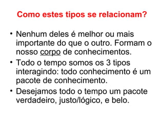 Como estes tipos se relacionam?
• Nenhum deles é melhor ou mais
importante do que o outro. Formam o
nosso corpo de conhecimentos.
• Todo o tempo somos os 3 tipos
interagindo: todo conhecimento é um
pacote de conhecimento.
• Desejamos todo o tempo um pacote
verdadeiro, justo/lógico, e belo.
 