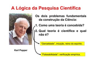 A Lógica da Pesquisa Científica
Karl Popper
Os dois problemas fundamentais
da construção da Ciência:
1. Como uma teoria é concebida?
2. Qual teoria é científica e qual
não é?
“Genialidade”, intuição, reino do espírito.
“Falseabilidade”: verificação empírica.
 