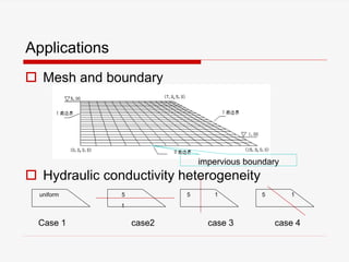 Applications
 Mesh and boundary
 Hydraulic conductivity heterogeneity
impervious boundary
Case 1 case2 case 3 case 4
uniform 5 5 1 5 1
1
 