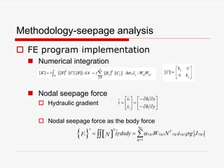 Methodology-seepage analysis
 FE program implementation
 Numerical integration
 Nodal seepage force
 Hydraulic gradient
 Nodal seepage force as the body force















yh
xh
i
i
i
y
x
    ( ) ( ) ( ) ( ) ( )
1
Nge T T
ig ig ig ig igi
ig
i dxdy W N i g JF N   

  
 