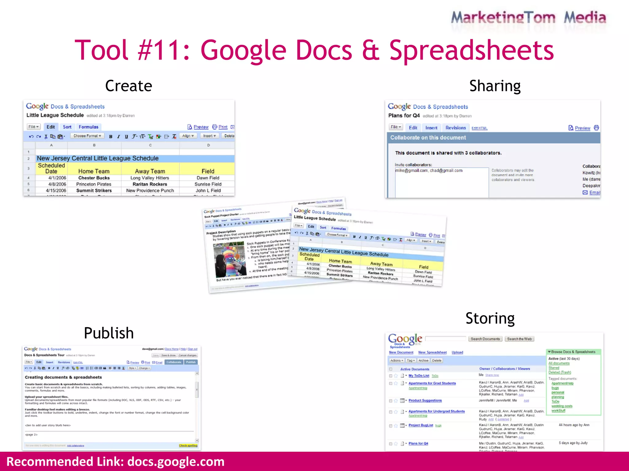 Tool #11: Google Docs & Spreadsheets Recommended Link: docs.google.com Create Sharing Storing Publish 