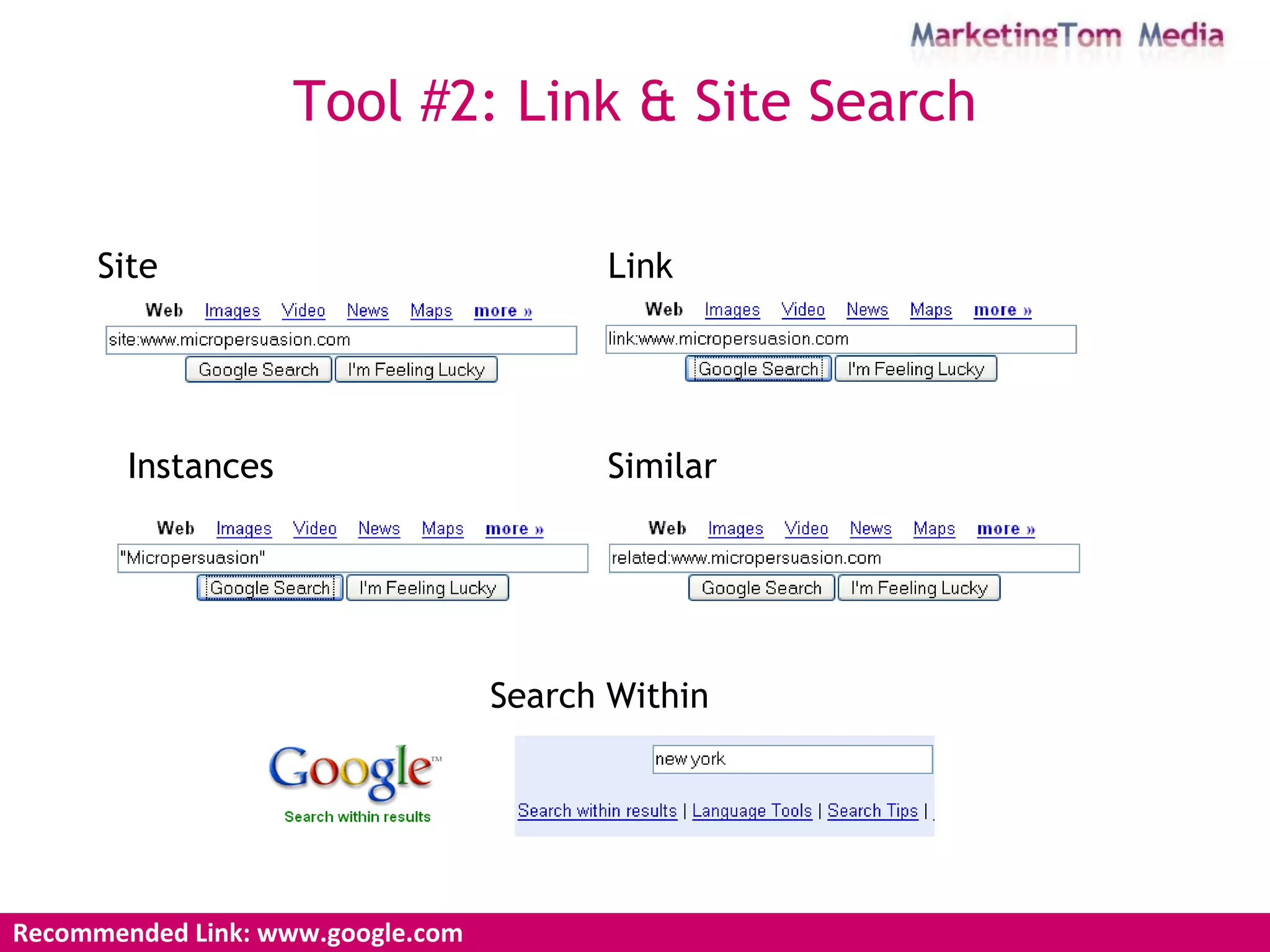 Recommended Link: www.google.com Tool #2: Link & Site Search Site Link Similar Instances Search Within 