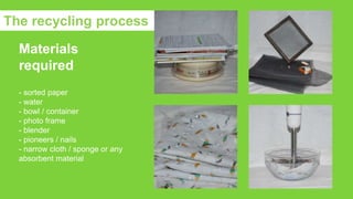 - sorted paper
- water
- bowl / container
- photo frame
- blender
- pioneers / nails
- narrow cloth / sponge or any
absorbent material
Materials
required
The recycling process
 