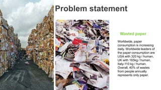 Problem statement
Worldwide, paper
consumption is increasing
daily. Worldwide leaders of
the paper consumption are
USA with 320 kg / human,
UK with 165kg / human,
Italy-110 kg / human.
Overall, 40% of wastes
from people annually
represents only paper.
Wasted paper
 