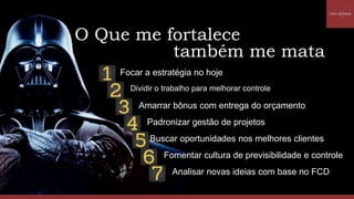 Focar a estratégia no hoje
Dividir o trabalho para melhorar controle
Amarrar bônus com entrega do orçamento
Padronizar gestão de projetos
Buscar oportunidades nos melhores clientes
Fomentar cultura de previsibilidade e controle
Analisar novas ideias com base no FCD
O Que me fortalece
também me mata
 