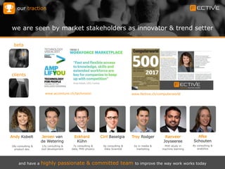 our traction
we are seen by market stakeholders as innovator & trend setter
and have a highly passionate & committed team to improve the way work works today
beta
clients
www.accenture.ch/techvision www.fective.ch/computerworld
Andy Kobelt
18y consulting &
product dev.
Jeroen van
de Wetering
12y consulting &
tool development
Eckhard
Kühn
7y consulting &
data, PHD physics
Ciril Baselgia
6y consulting &
Data Scientist
Troy Rodger
6y in media &
marketing
Afke
Schouten
8y consulting &
analytics
Ranveer
Joyseeree
PHD study in
machine learning
 