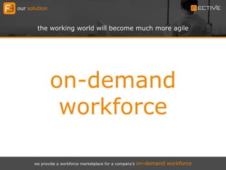 our solution
the working world will become much more agile
we provide a workforce marketplace for a company’s on-demand workforce
on-demand
workforce
 