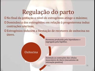 Regulação do parto
0 No final da gestação o nível de estrogénios atinge o máximo;
0 Dominância dos estrogénios em relação à progesterona induz
contrações uterinas;
0 Estrogénios induzem a formação de recetores de oxitocina no
útero.
Oxitocina
Hormona produzida pelo hipotálamo e
segregada pela hipófise;
Estimula as contrações das células
musculares do útero (mecanismo de
retroação positiva)
12ºano 31
 