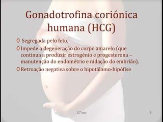 Gonadotrofina coriónica
humana (HCG)
0 Segregada pelo feto.
0 Impede a degeneração do corpo amarelo (que
continua a produzir estrogénio e progesterona –
manutenção do endométrio e nidação do embrião).
0 Retroação negativa sobre o hipotálamo-hipófise
12ºano 8
 