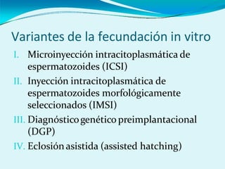 Variantes de la fecundación in vitro
I. Microinyección intracitoplasmática de
espermatozoides (ICSI)
II. Inyección intracitoplasmática de
espermatozoides morfológicamente
seleccionados (IMSI)
III. Diagnósticogenético preimplantacional
(DGP)
IV. Eclosiónasistida (assisted hatching)
 