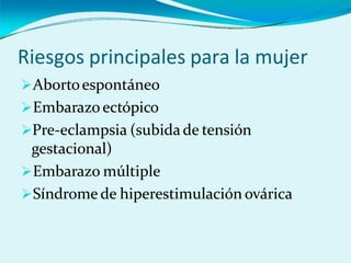 Riesgos principales para la mujer
Abortoespontáneo
Embarazo ectópico
Pre-eclampsia (subidade tensión
gestacional)
Embarazo múltiple
Síndrome de hiperestimulación ovárica
 