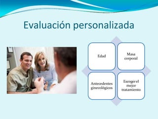 Evaluación personalizada
Edad
Masa
corporal
Antecedentes
ginecológicos
Escogerel
mejor
tratamiento
 