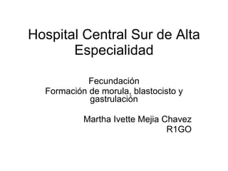 Hospital Central Sur de Alta Especialidad Fecundación Formación de morula, blastocisto y gastrulación Martha Ivette Mejia Chavez R1GO 