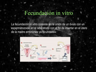 Fecundación in vitro
La fecundación in vitro consiste en la unión de un óvulo con un
espermatozoide en el laboratorio con el fin de insertar en el útero
de la madre embriones ya fecundados.
 