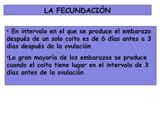LA FECUNDACIÓN

• En intervalo en el que se produce el embarazo
después de un solo coito es de 6 días antes a 3
días después de la ovulación
•La gran mayoría de los embarazos se produce
cuando el coito tiene lugar en el intervalo de 3
días antes de la ovulación
 