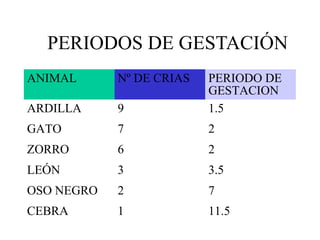 PERIODOS DE GESTACIÓN
ANIMAL      Nº DE CRIAS   PERIODO DE
                          GESTACION
ARDILLA     9             1.5
GATO        7             2
ZORRO       6             2
LEÓN        3             3.5
OSO NEGRO   2             7
CEBRA       1             11.5
 