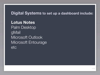Digital Systems to set up a dashboard include:

Lotus Notes
Palm Desktop
gMail
Microsoft Outlook
Microsoft Entourage
etc



                                             115
 