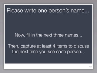 Please write one person’s name...



   Now, ﬁll in the next three names...

Then, capture at least 4 items to discuss
  the next time you see each person...


                                            125
 