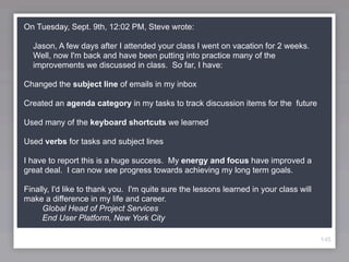 On Tuesday, Sept. 9th, 12:02 PM, Steve wrote:

  Jason, A few days after I attended your class I went on vacation for 2 weeks.
  Well, now I'm back and have been putting into practice many of the
  improvements we discussed in class. So far, I have:

Changed the subject line of emails in my inbox

Created an agenda category in my tasks to track discussion items for the future

Used many of the keyboard shortcuts we learned

Used verbs for tasks and subject lines

I have to report this is a huge success. My energy and focus have improved a
great deal. I can now see progress towards achieving my long term goals.

Finally, I'd like to thank you. I'm quite sure the lessons learned in your class will
make a difference in my life and career.
     Global Head of Project Services
     End User Platform, New York City

                                                                                        145
 