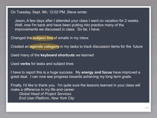 On Tuesday, Sept. 9th, 12:02 PM, Steve wrote:

  Jason, A few days after I attended your class I went on vacation for 2 weeks.
  Well, now I'm back and have been putting into practice many of the
  improvements we discussed in class. So far, I have:

Changed the subject line of emails in my inbox

Created an agenda category in my tasks to track discussion items for the future

Used many of the keyboard shortcuts we learned

Used verbs for tasks and subject lines

I have to report this is a huge success. My energy and focus have improved a
great deal. I can now see progress towards achieving my long term goals.

Finally, I'd like to thank you. I'm quite sure the lessons learned in your class will
make a difference in my life and career.
     Global Head of Project Services
     End User Platform, New York City

                                                                                        145
 