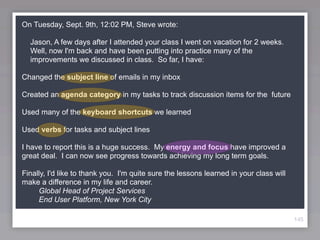 On Tuesday, Sept. 9th, 12:02 PM, Steve wrote:

  Jason, A few days after I attended your class I went on vacation for 2 weeks.
  Well, now I'm back and have been putting into practice many of the
  improvements we discussed in class. So far, I have:

Changed the subject line of emails in my inbox

Created an agenda category in my tasks to track discussion items for the future

Used many of the keyboard shortcuts we learned

Used verbs for tasks and subject lines

I have to report this is a huge success. My energy and focus have improved a
great deal. I can now see progress towards achieving my long term goals.

Finally, I'd like to thank you. I'm quite sure the lessons learned in your class will
make a difference in my life and career.
     Global Head of Project Services
     End User Platform, New York City

                                                                                        145
 