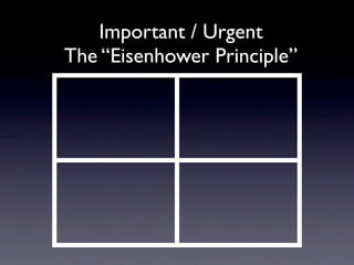 Important / Urgent
The “Eisenhower Principle”
 