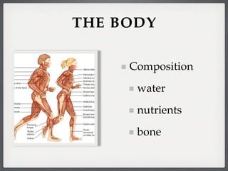 THE BODY

     Composition
      water
      nutrients
      bone
 
