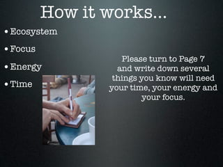 How it works...
•Ecosystem
•Focus
                    Please turn to Page 7
•Energy            and write down several
                  things you know will need
•Time            your time, your energy and
                         your focus.
 